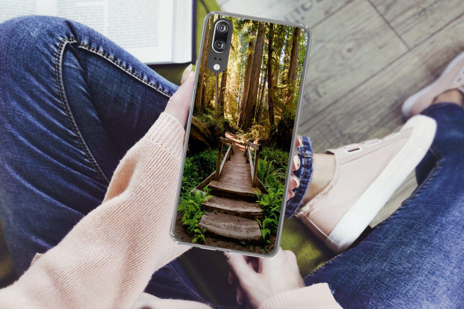 MuchoWow Handyhülle für Huawei P20 Dschungel - Natur - Treppe - Bäume, Handy Case, Silikon, Bumper Case Dünn