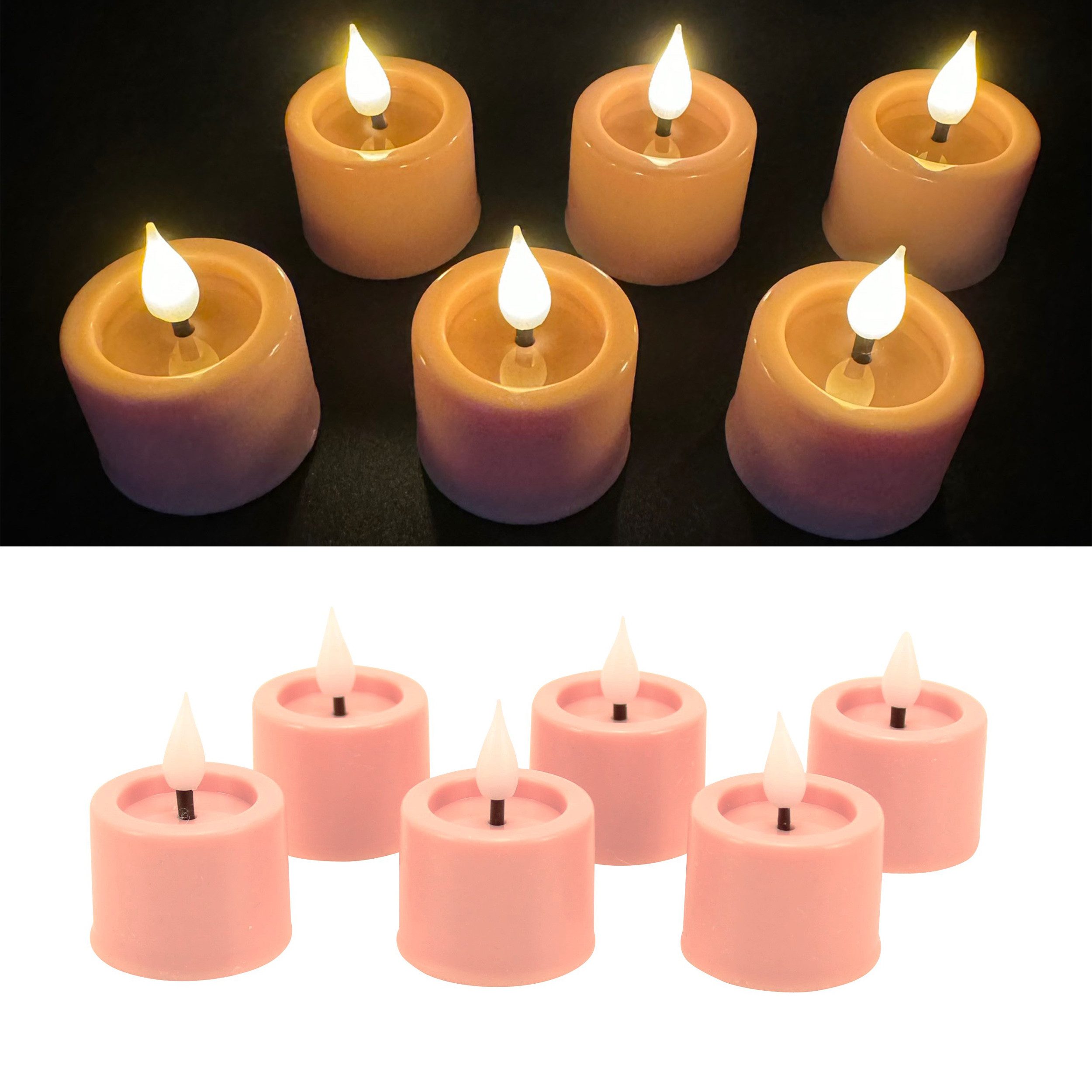 Online-Fuchs LED-Kerze als 6er Set Teelichter mit Flamme, Puderrosa 191 (mit Echtwachs überzogen, spiegelnde Flamme), Maße: 4 x 3 cm, Fernbedienung, 6-Stunden-Timer