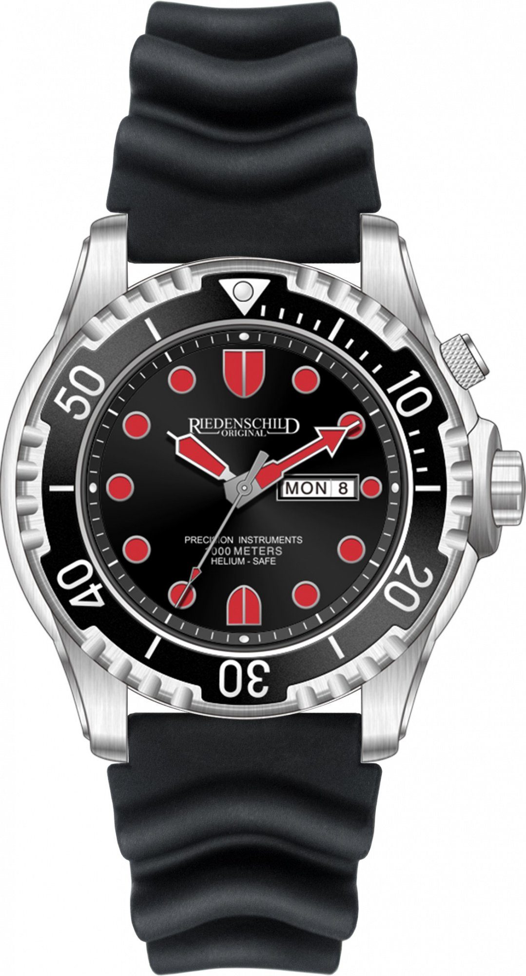 Riedenschild Taucheruhr RS8000-02, 100 ATM Wasserdicht, 46 mm, Silikon- & Edelstahlband, Heliumventil, Robuste Herren Armbanduhr für Tauchen und Sport