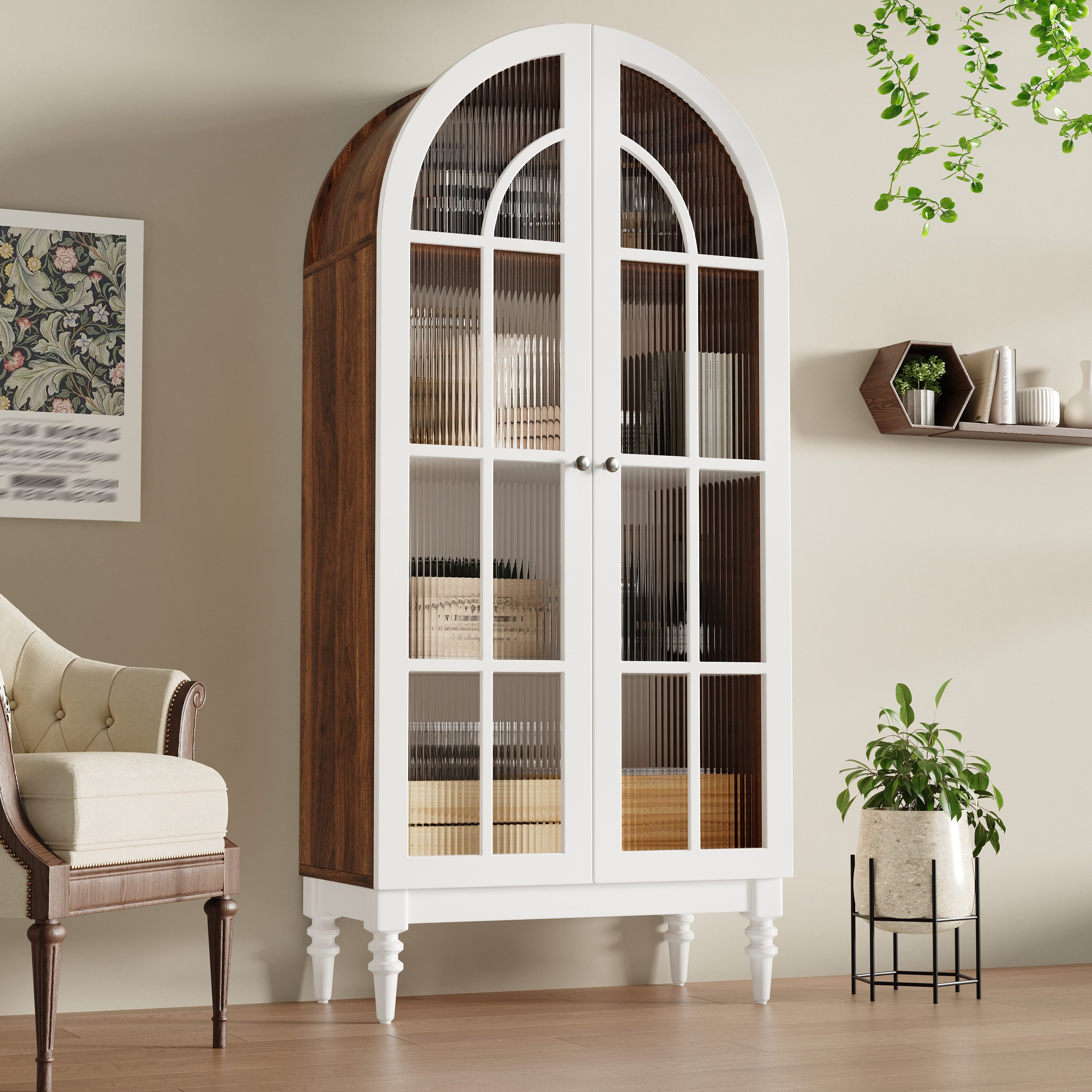 KLAM HOME Vitrine Bogen‑Vitrinenschrank 165cm mit Riffelglas‑Doppeltüren (Dekorativer Hochschrank mit 3 Einlegeebenen für Wohn‑ und Esszimmer) Vintage Ausstellungsschrank in Dunkelgrün und Weiß