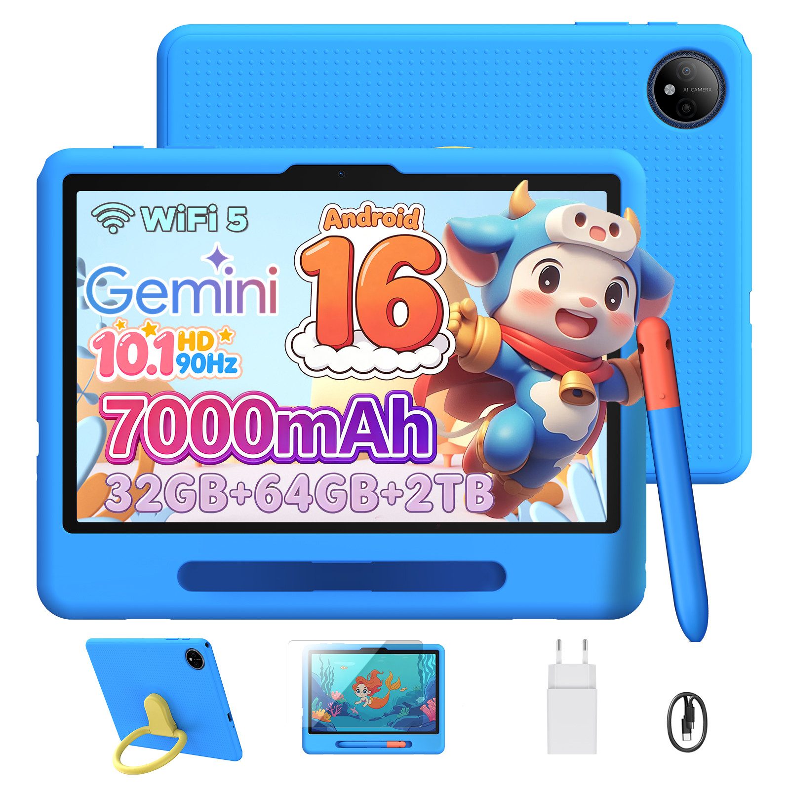 POCKAM Kinder Lern-Tablet mit Elternkontrolle 10'' Android 16, 64GB ROM kids Tablet (10.1", 64 GB, Android 16, WiFi, Mit Gemini AI, Stylus, Silikonhülle, 7000mAh Akku & 5G WiF)