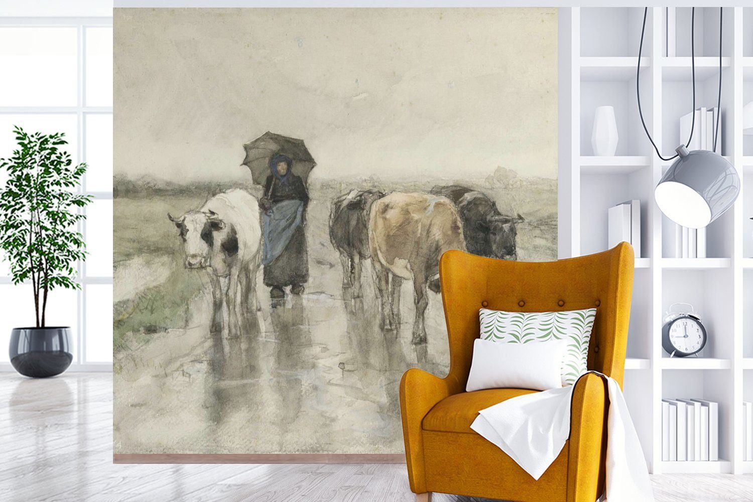 Eine oder Landstraße mit Vinyl (5 Gemälde auf Kühen einer bedruckt, Wandtapete Wohnzimmer Tapete St), im Regen - Matt, MuchoWow Schlafzimmer, Fototapete für von, Bäuerin