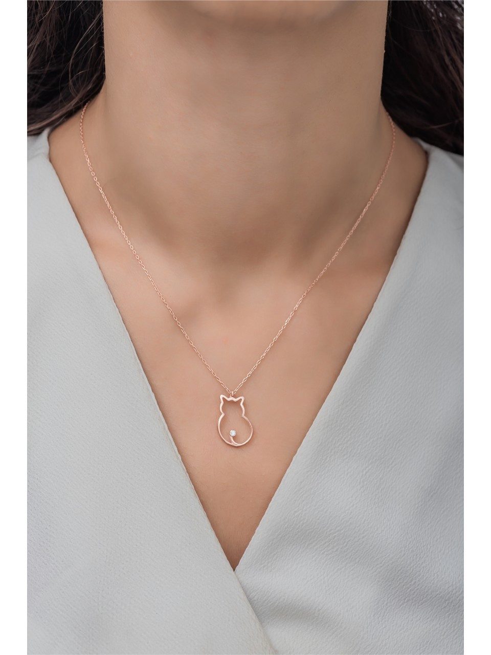 Nisan Kette und Anhänger Set, Silber Halskette mit Katzen-Anhänger – Roségold mit Zirkonia