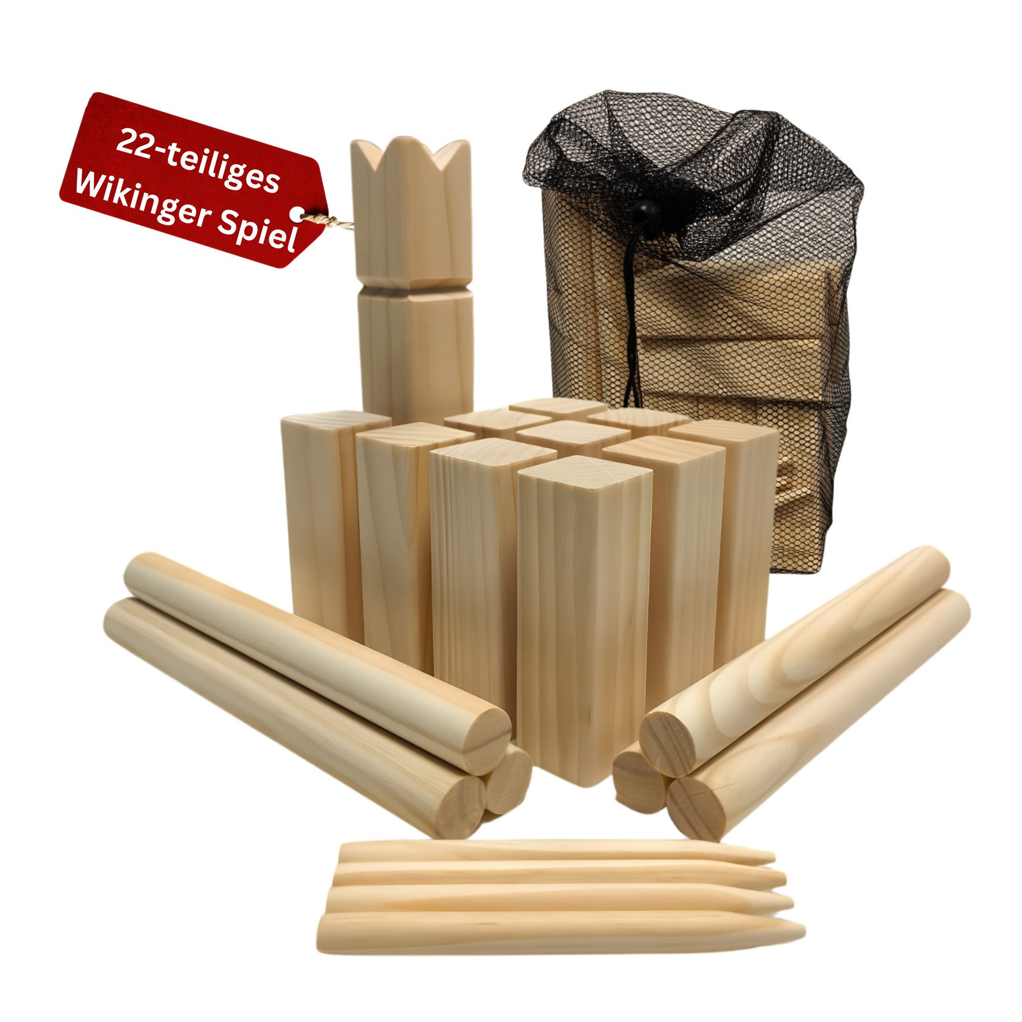 Eli Spielzeug-Gartenset Wikinger Schach aus Holz Outdoor - Kubb, (aus massivem Kiefernholz mit Tragetasche, Rasenschach für 2–12 Spieler), Outdoor Spiel für Kinder & Erwachsene