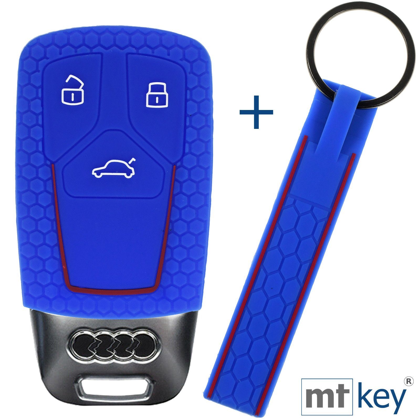 mt-key Schlüsseltasche Autoschlüssel Silikon Schutzhülle im Wabe Design Blau + Schlüsselband, für Audi A4 A5 A6 A7 TT Q2 Q5 Q7 A8 Q8 3 Tasten KEYLESS SMARTKEY