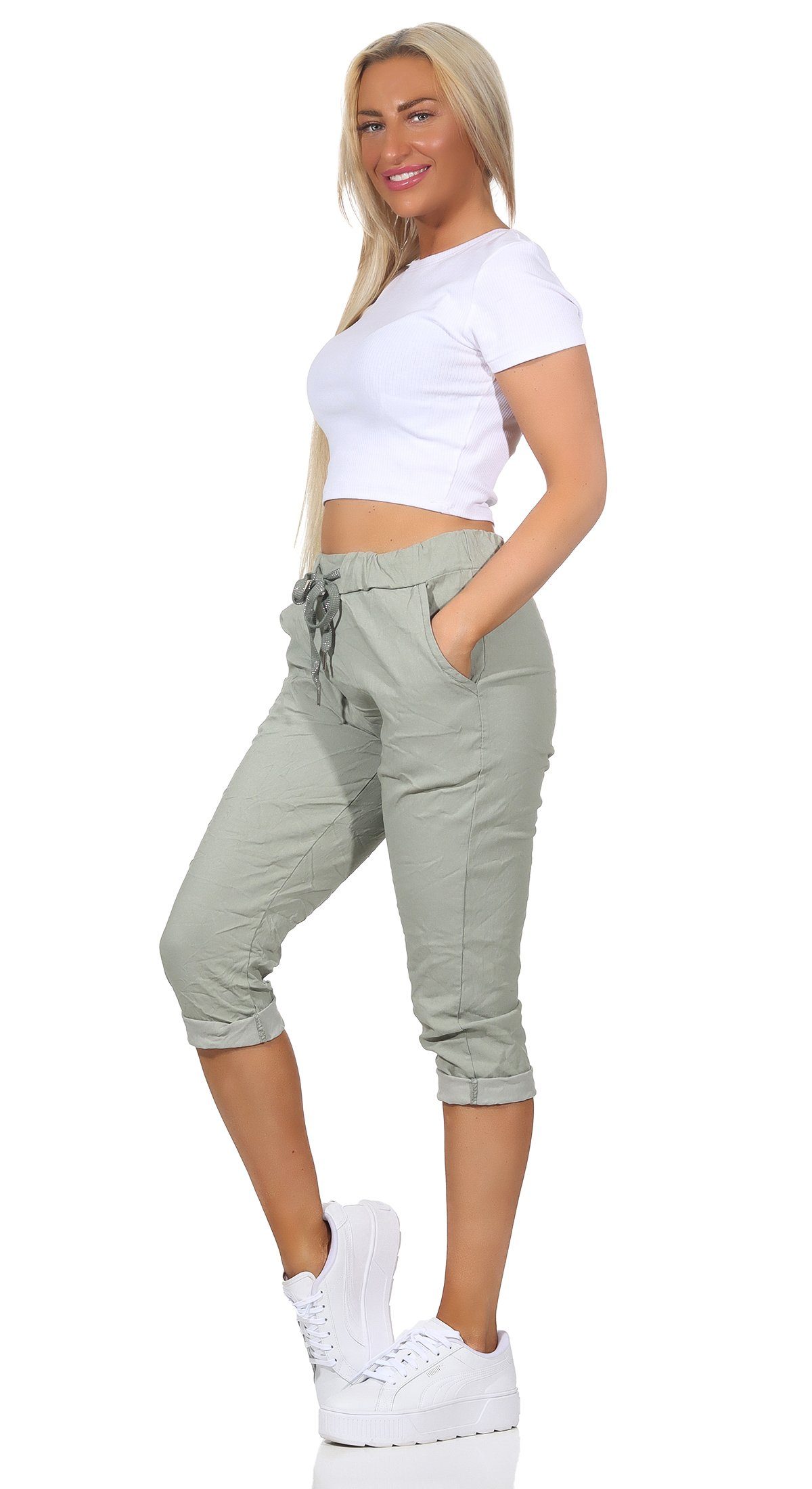 Bermuda Damen Kordelzug, sommerlichen Aurela 36-44 Sommerhose Damenmode Farben, und Hose 7/8-Hose Jeans Khaki in Taschen Capri Kurze