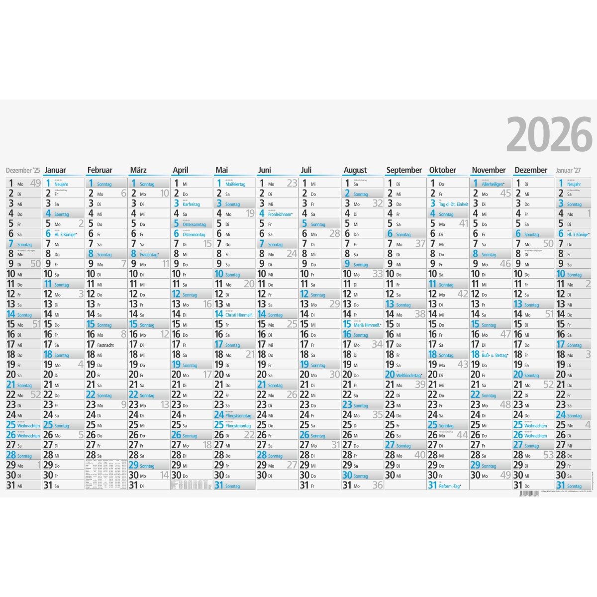 GLOCKEN Plakatkalender Plakatkalender 102x68cm A1 14 Monate gefalzt Kalendarium 2026