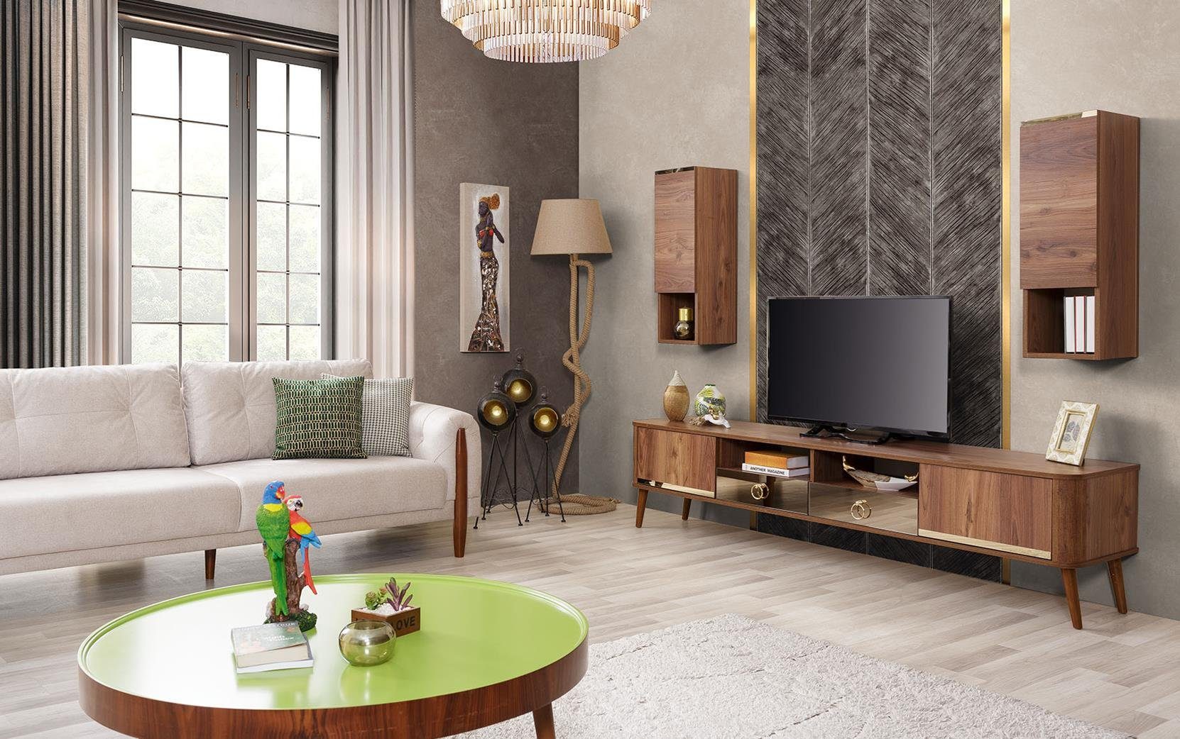 verarbeitet) mit Möbel Hängeelementen, Hochwertig Valente, (Lowboard TV-Wand Villa