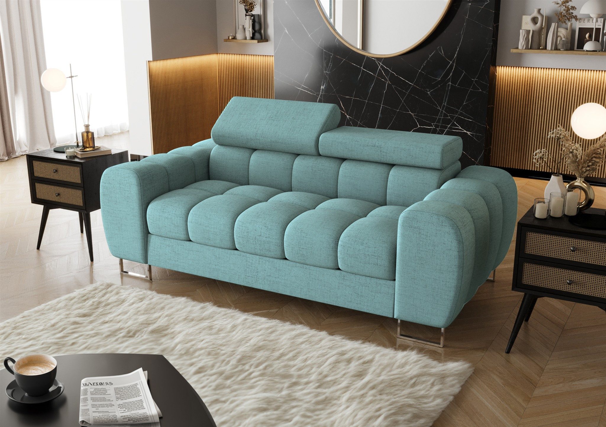 Fun Möbel 2-Sitzer Designersofa Sofa BASTIEN in Stoff, Rundumbezug, 2 einstellbare Kopfstützen