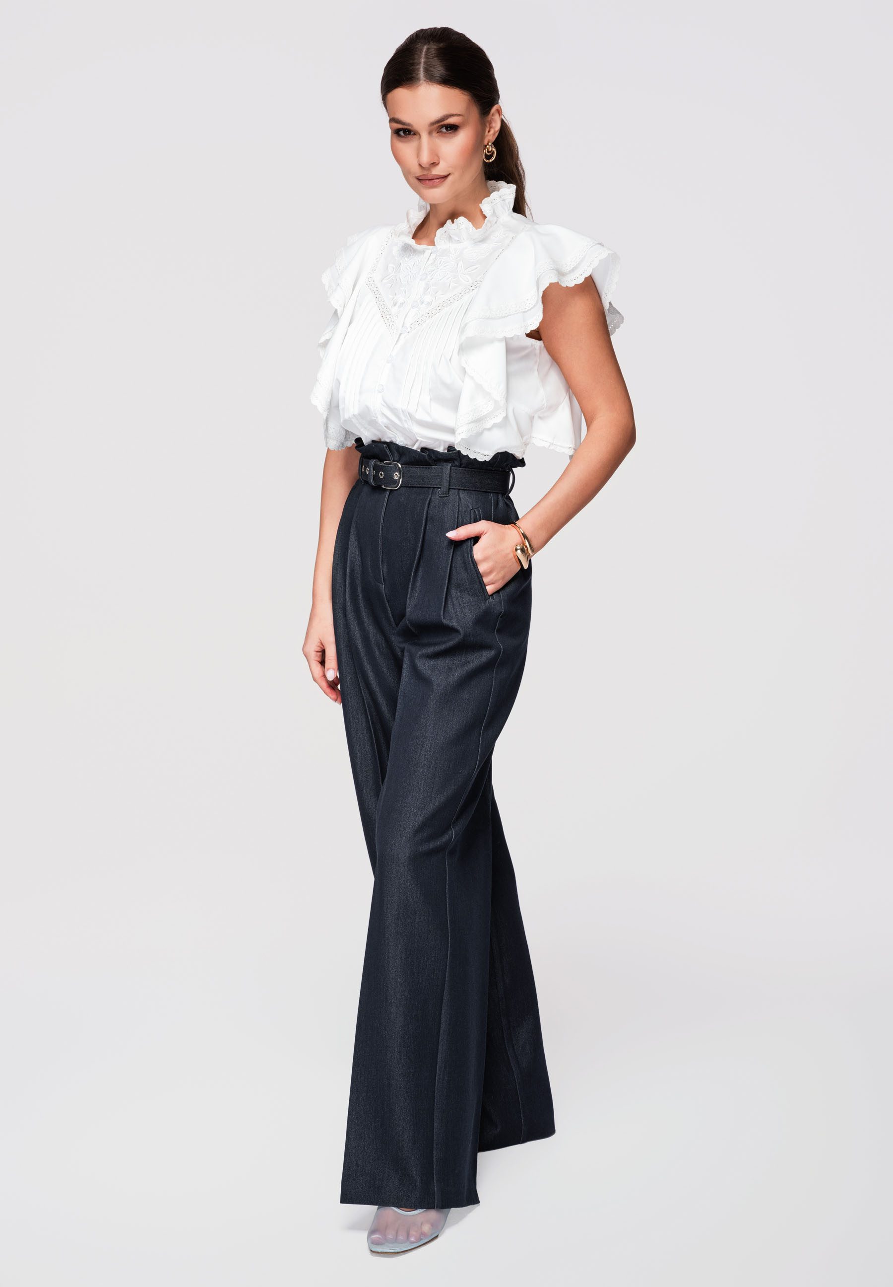 OMBRE Blusentop Damen Blusentop mit Stehkragen im Vintage-Stil Weiß M/L (kein Set, 1-tlg) Haftverzierung, Ażurowe wstawki