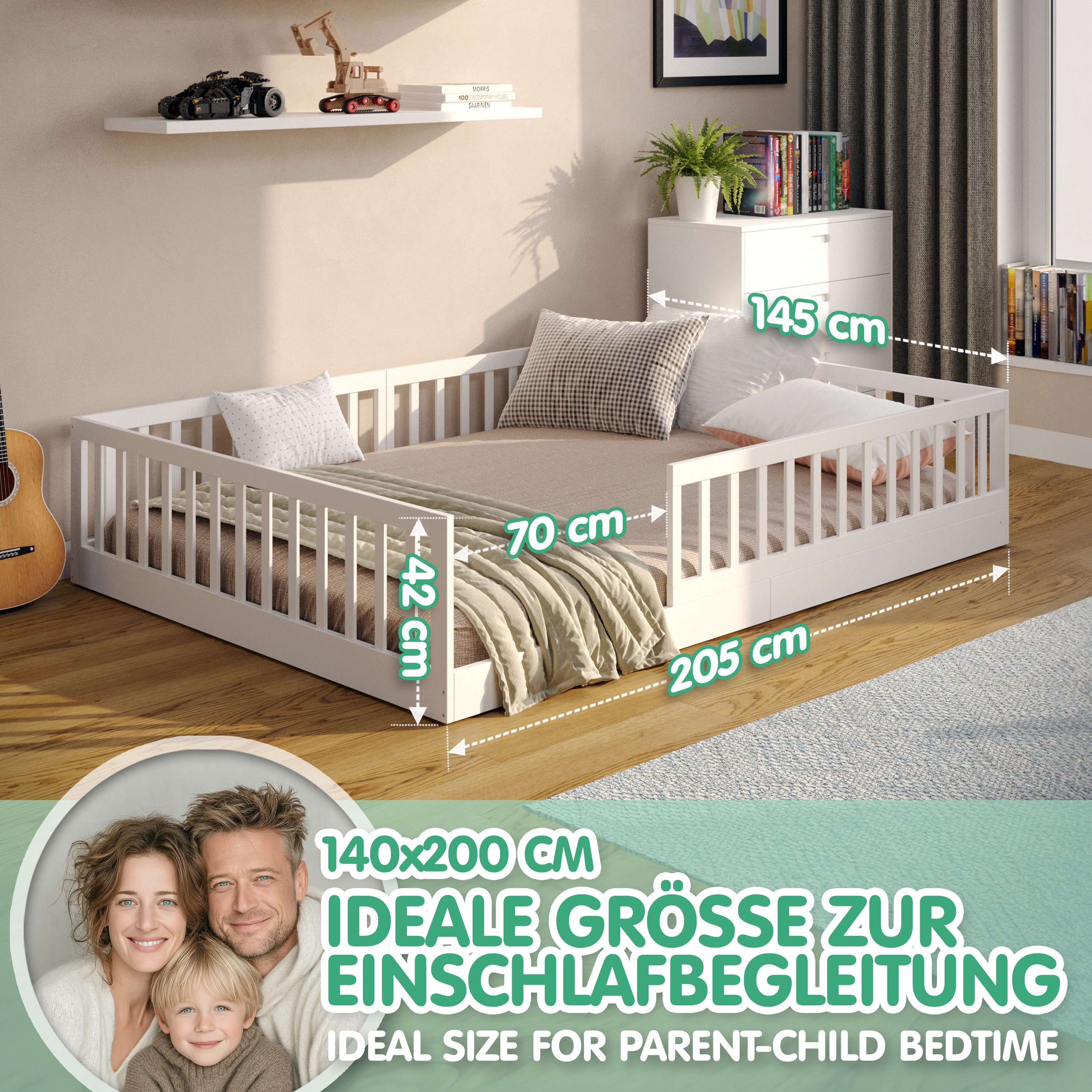 CADANI Kinderbett Timi Bodenbett bis 200 kg belastbar mit abnehmbarem Rausfallschutz (140x200 cm, Montessori Kinder- & Jugendbett aus Kiefer Massivholz), inkl.  – Bild 5 von 5