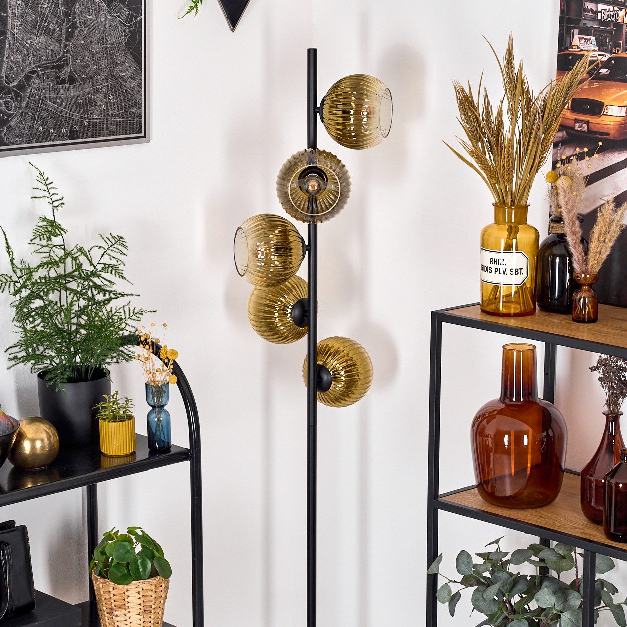 hofstein Stehlampe Stehlampe aus Metall/Glas in Schwarz/Gold/Klar, Retro/Vintage-Design, ohne Leuchtmittel, moderne Stehleuchte, Ø Schirme 15 cm, Fußschalter, 160 cm, E14