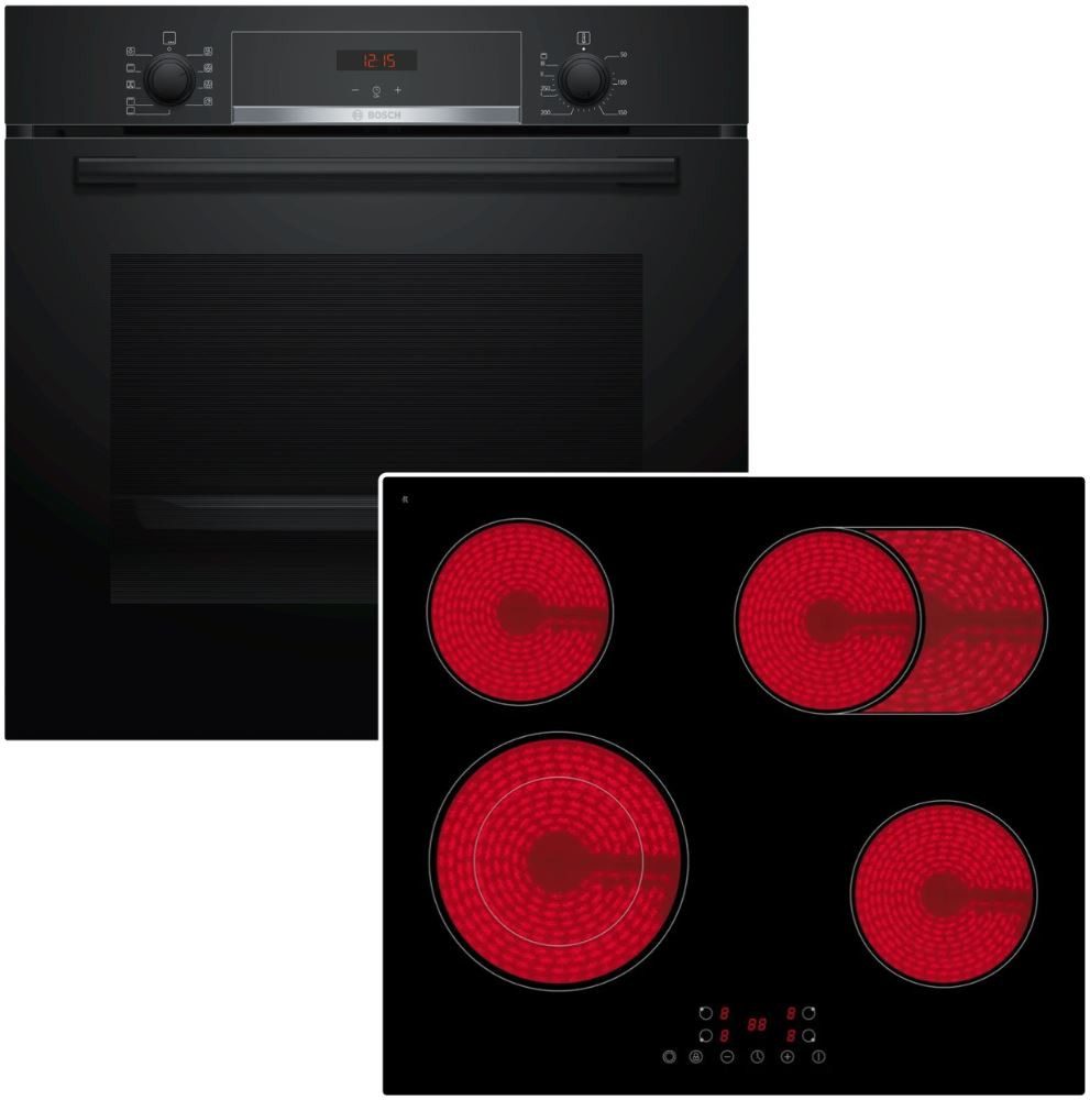 BOSCH Backofen-Set Hydrolyse Pizzafunktion + PKM Glaskeramik Kochfeld autark rahmenlos, mit 1-fach Teilauszug, Hydrolyse EcoClean Direct