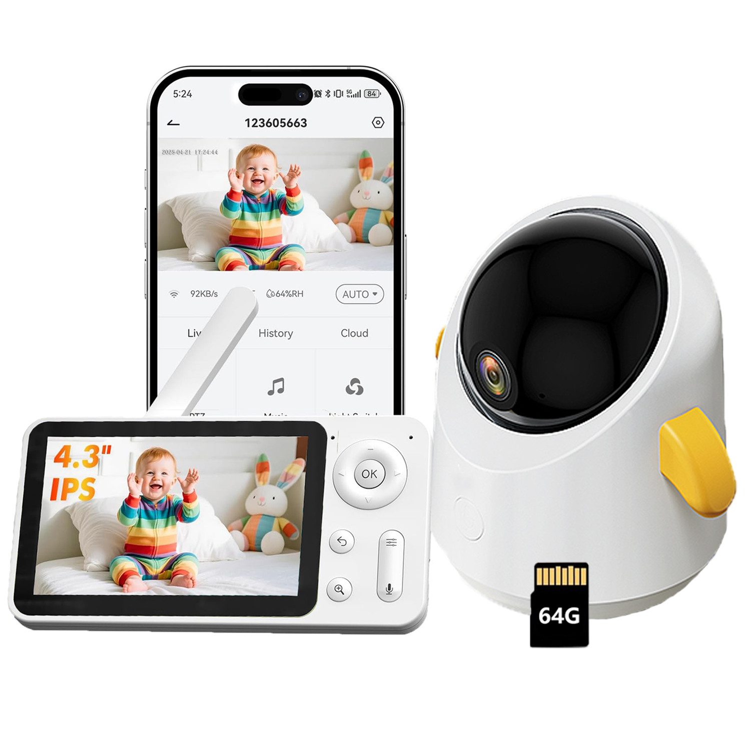 Babyphone 2MP Babyphone mit Kamera und APP 360 Grad 4.3" mit 64G Speicher Karte