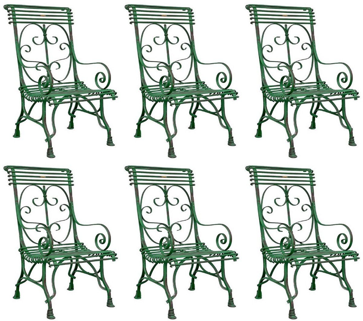 Casa Padrino Gartenstuhl Jugendstil Gartenstuhl 6er Set Antik Grün 64 x 66 x H. 114 cm - Handgefertigte Schmiedeeisen Stühle mit Armlehnen - Nostalgische Garten & Terrassen Möbel | Stühle