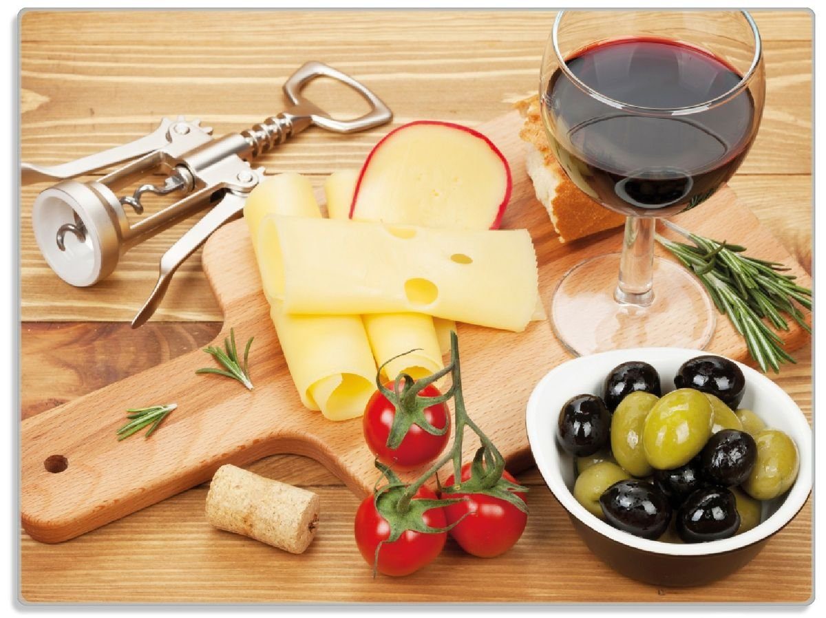 Wallario Schneidebrett Genuss am Abend - Rotwein, Käseplatte, Oliven und Tomaten, ESG-Sicherheitsglas, (inkl. rutschfester Gummifüße 4mm, 1-St), 30x40cm