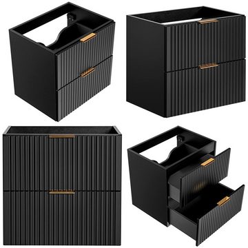 Lomadox Badmöbel-Set ADELAIDE-56-BLACK, (Spar-Set, 4-St), schwarz matt und Eiche, mit Waschbecken, LED Spiegel & 2 Hochschränke