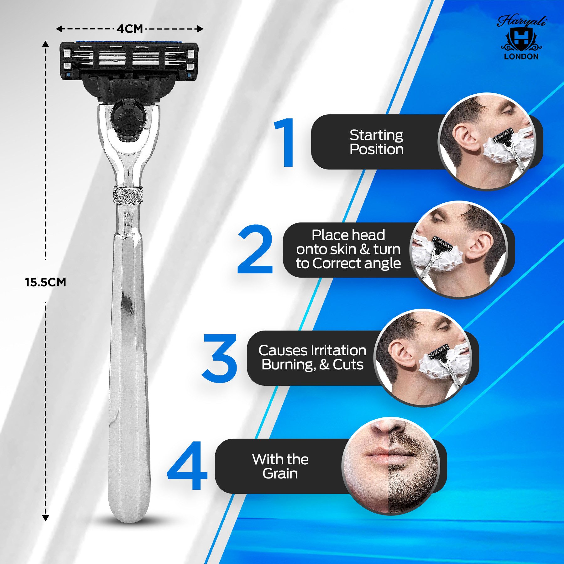 Haryali London Nassrasierer 3-Klingen-Rasierer für Unisex, Edelstahlrasierer, leicht, Pack, Rasierapparat mit abnehmbarer Klinge und messing-silbernem Griff, Abwaschbarer, rutschfester Griff. Passt auf alle Mach 3-Rasierer.
