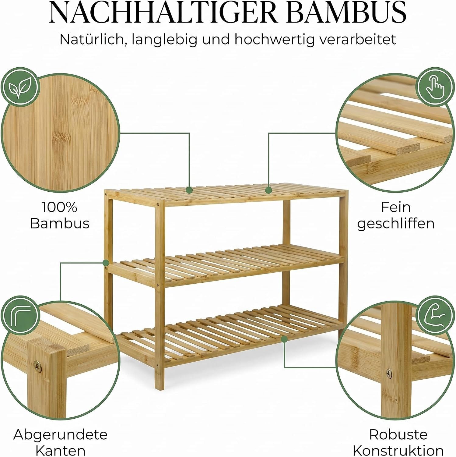 hausleben Schuhregal Bambus Schuhregal, 3 Ebenen, 70x28x50 cm, Naturholz Standregal, Einzelartikel 1-tlg., Umweltfreundlich & Stabil, Leicht zu Reinigen – Bild 4 von 5