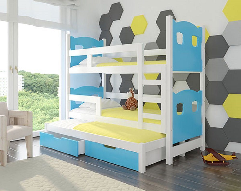 Feldmann-Wohnen Hochbett LETICIA (Etagenbett mit 3 Schlafgelegenheiten) Farbe wählbar Kiefer weiß / Absetzungen: blau