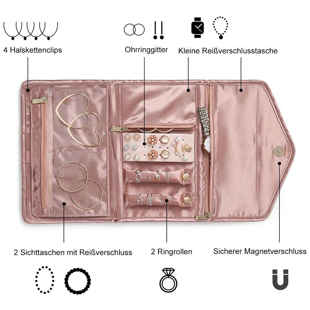 Aufbewahrung NUODWELL Schmuckkoffer Faltbarer Schmucktasche Ohrringe Beutel rosa Halskette