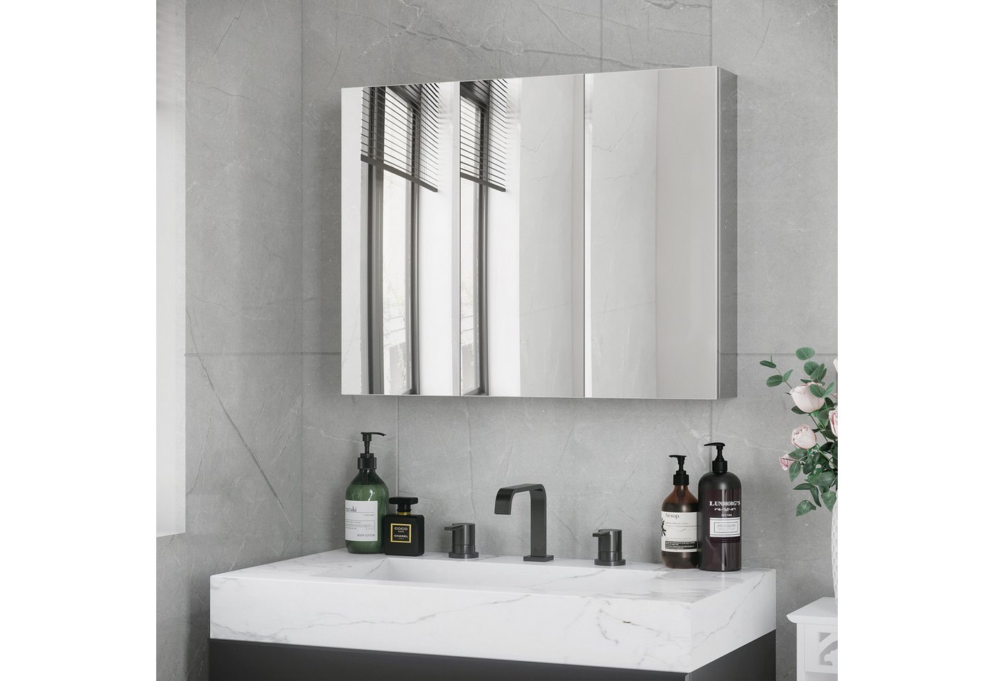 Kleankin Spiegelschrank Badezimmerschrank mit 3 Glastüren, mit 5 Ablagen, Badschrank (Aufbewahrungsschrank, 1-St., Hängeschrank) Edelstahl, Silber, 70 x 12 x 55 cm