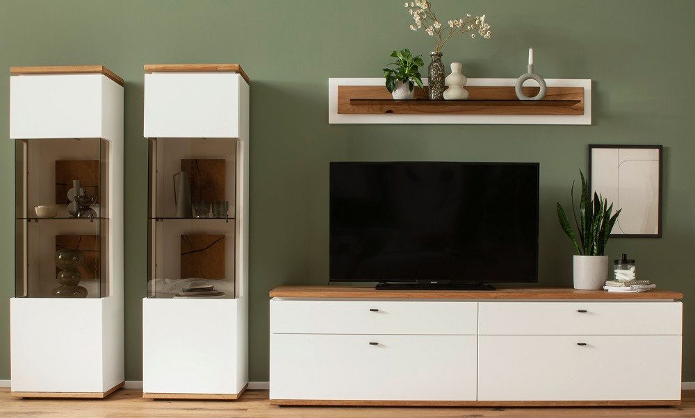MCA furniture Wohnwand Wohnkombination Matadi, Soft white / Ast-Balkeneiche, 4-teilig, (4-St), Wohnwand, Anbauwand, modern