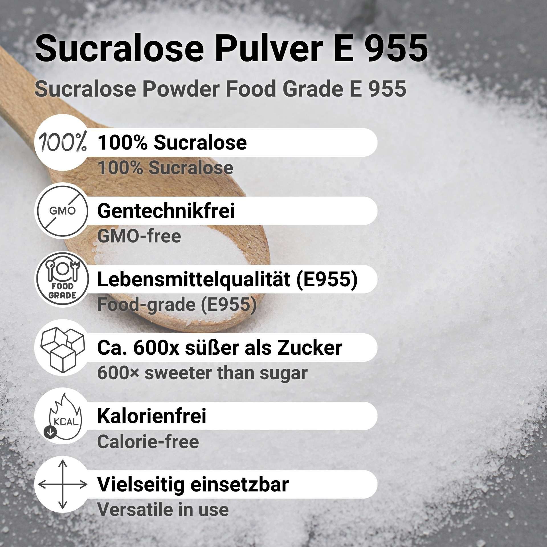 DistrEbution Süßungsmittel Sucralose Kalorienfreier Zuckerersatz - 600x Süßer als Zucker, 100 g, Geeignet als Süßungsmittel, Süßstoff und Zuckerersatz