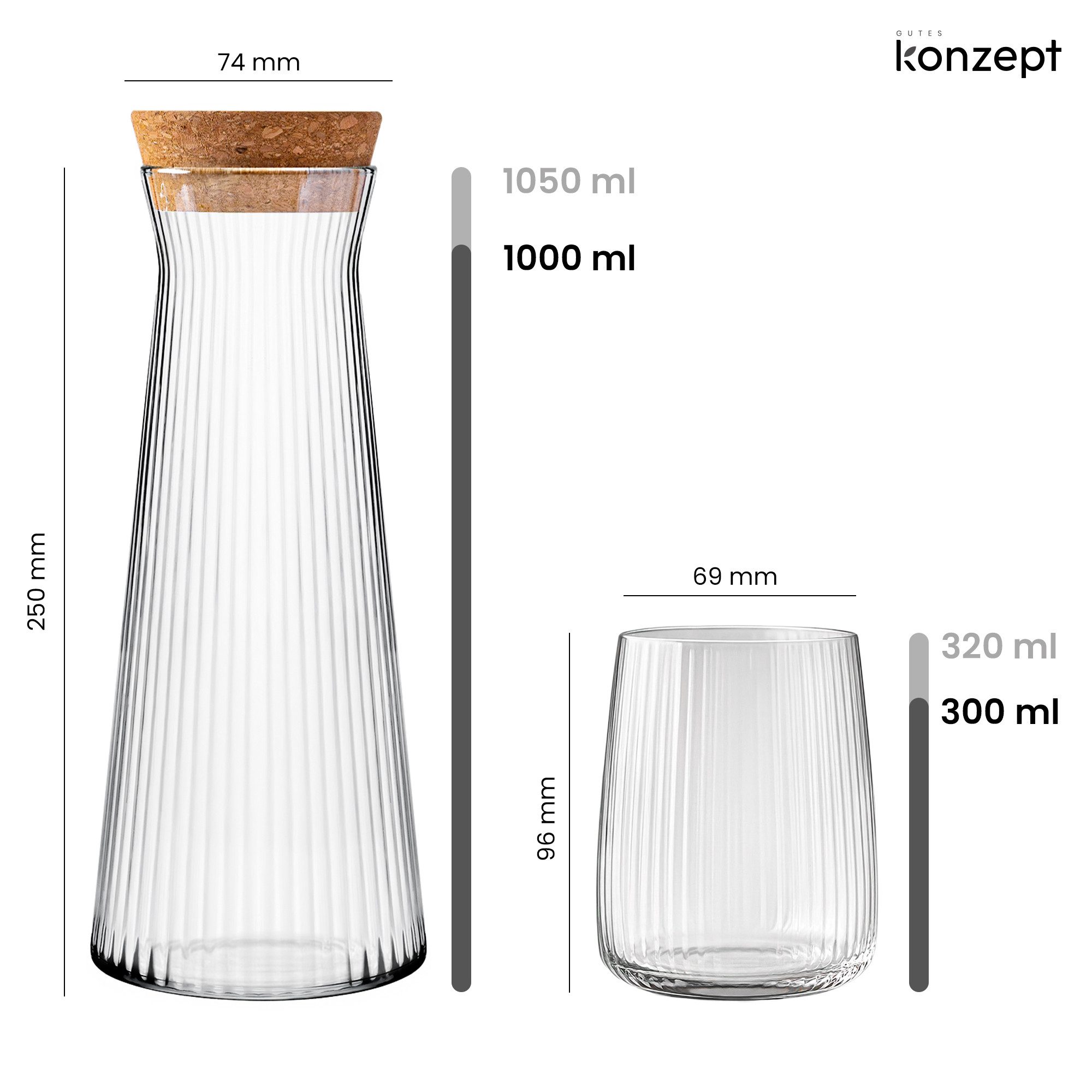 KONZEPT Wasserkaraffe 1 L mit 6 Gläsern (320 ml) – Elegantes Set für Zuhause oder Café, (6-tlg), Modernes, langlebiges Design – stilvoll und spülmaschinengeeignet