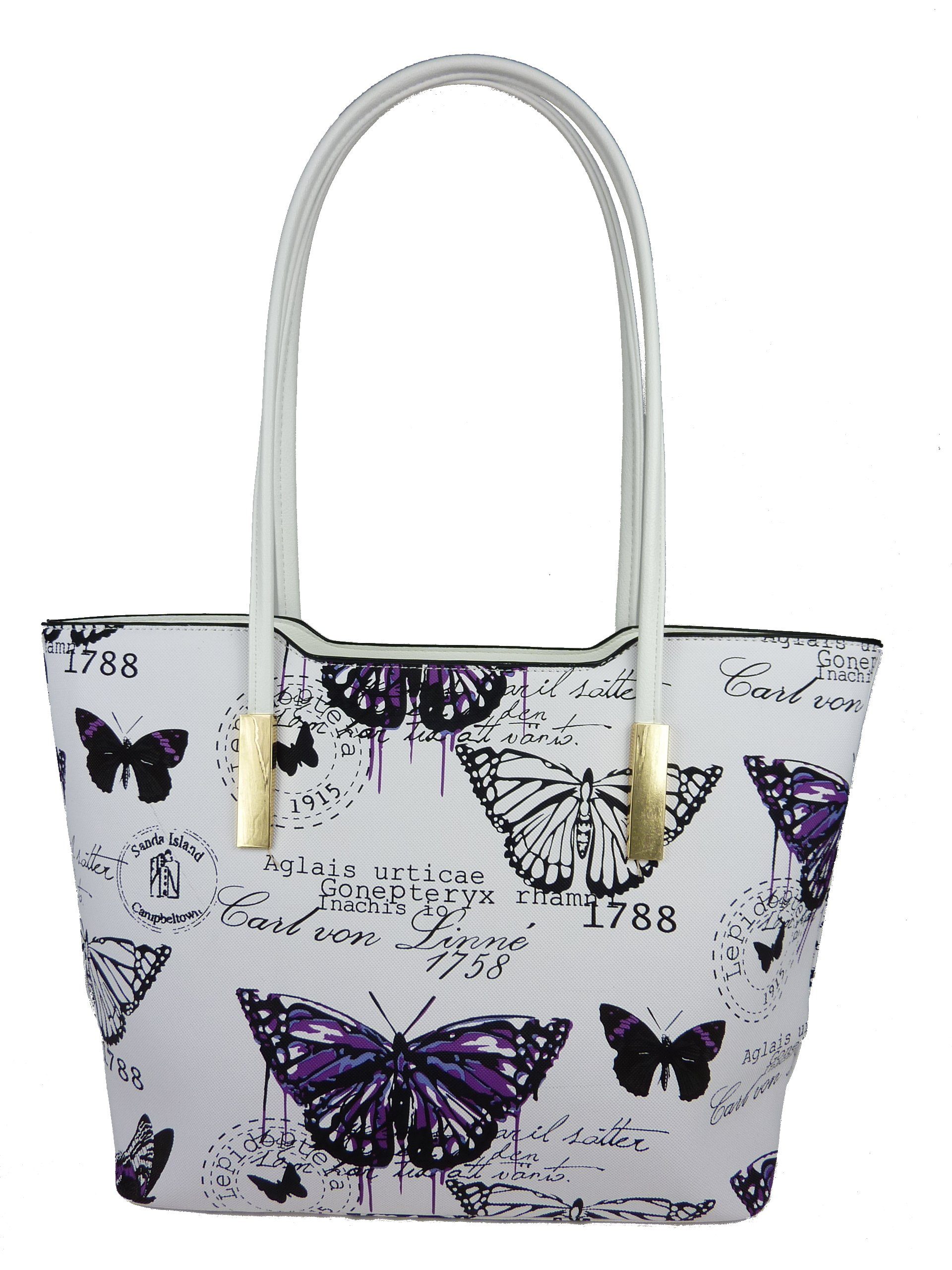Sommertasche Taschen4life Shopper Butterfly lange Stil, Vintage große Henkeltasche 1803, Schmetterling Henkel lila im Motive, Damen mehrfarbig retro