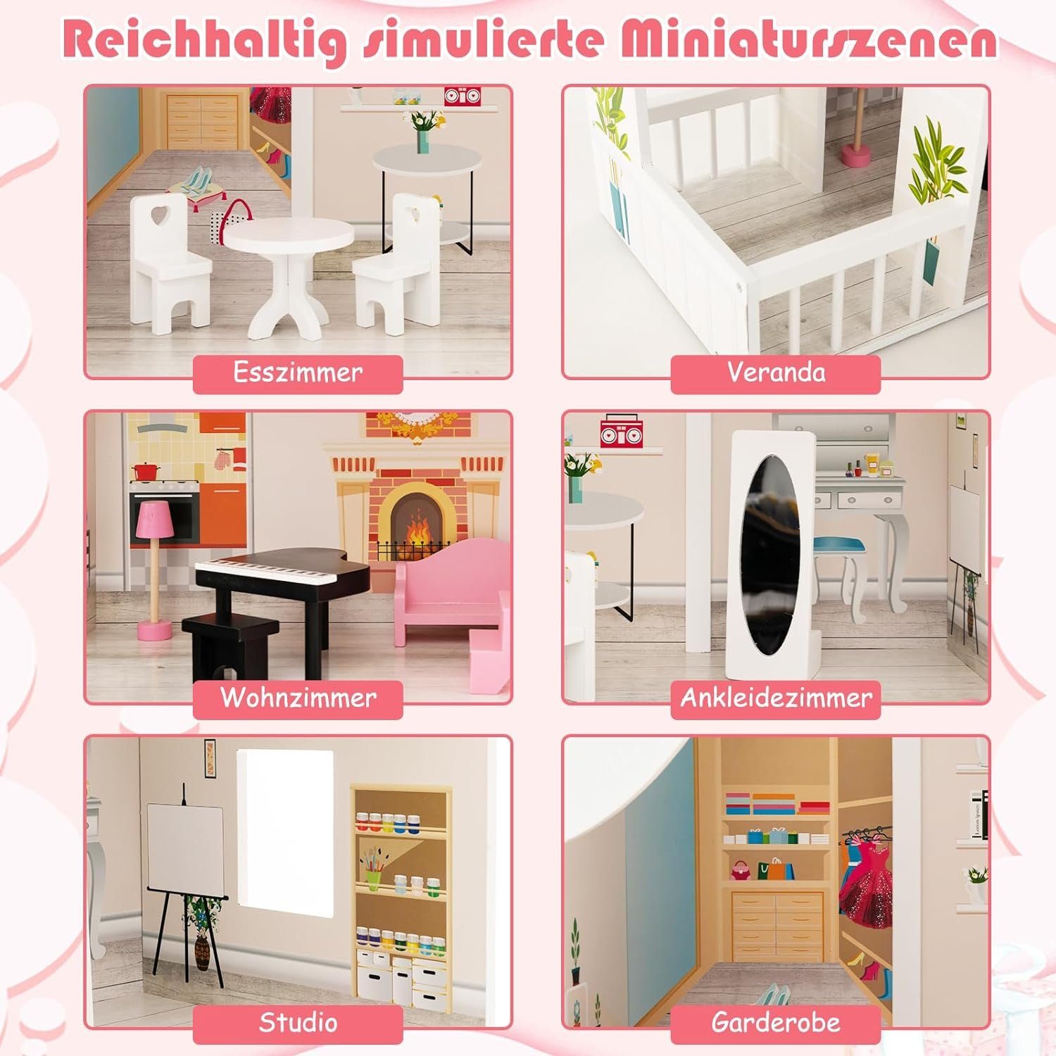 KOMFOTTEU Puppenhaus Traumhaus, mit 5 Räumen & Möbelset, 81 x 30 x 86 cm