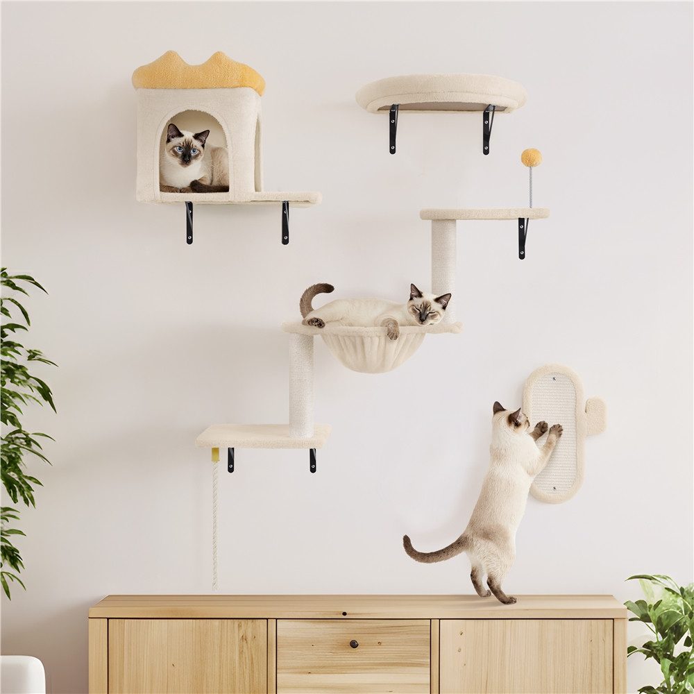Yaheetech Katzen-Kletterwand Katzenmöbel-Set 4 teilig, mit Katzenhöhle & Katzenliege & Plattformen & Katzenkorb