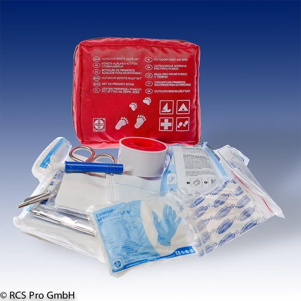 GRAMM medical Erste-Hilfe-Koffer Actiomedic Outdoor Erste Hilfe Set,  Outdoor-Verbandtasche Rot Nylon 150 x 120 x 55 mm gefüllt