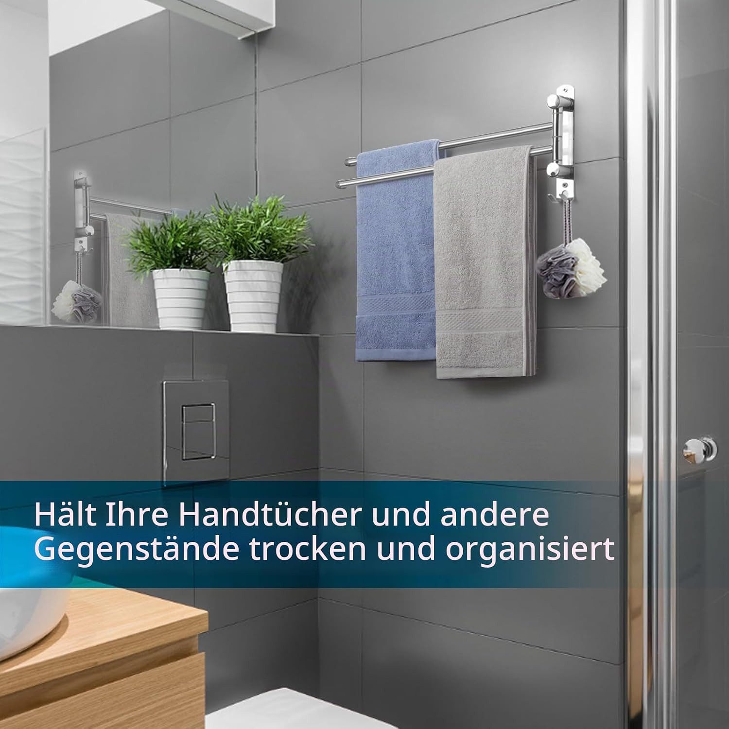 Forrlite Handtuchhalter Handtuchhalter Wand 180° drehbar, 2-armig schwenkbar, Handtuchstange mit Haken, platzsparend für Bad und Küche – Bild 3 von 5