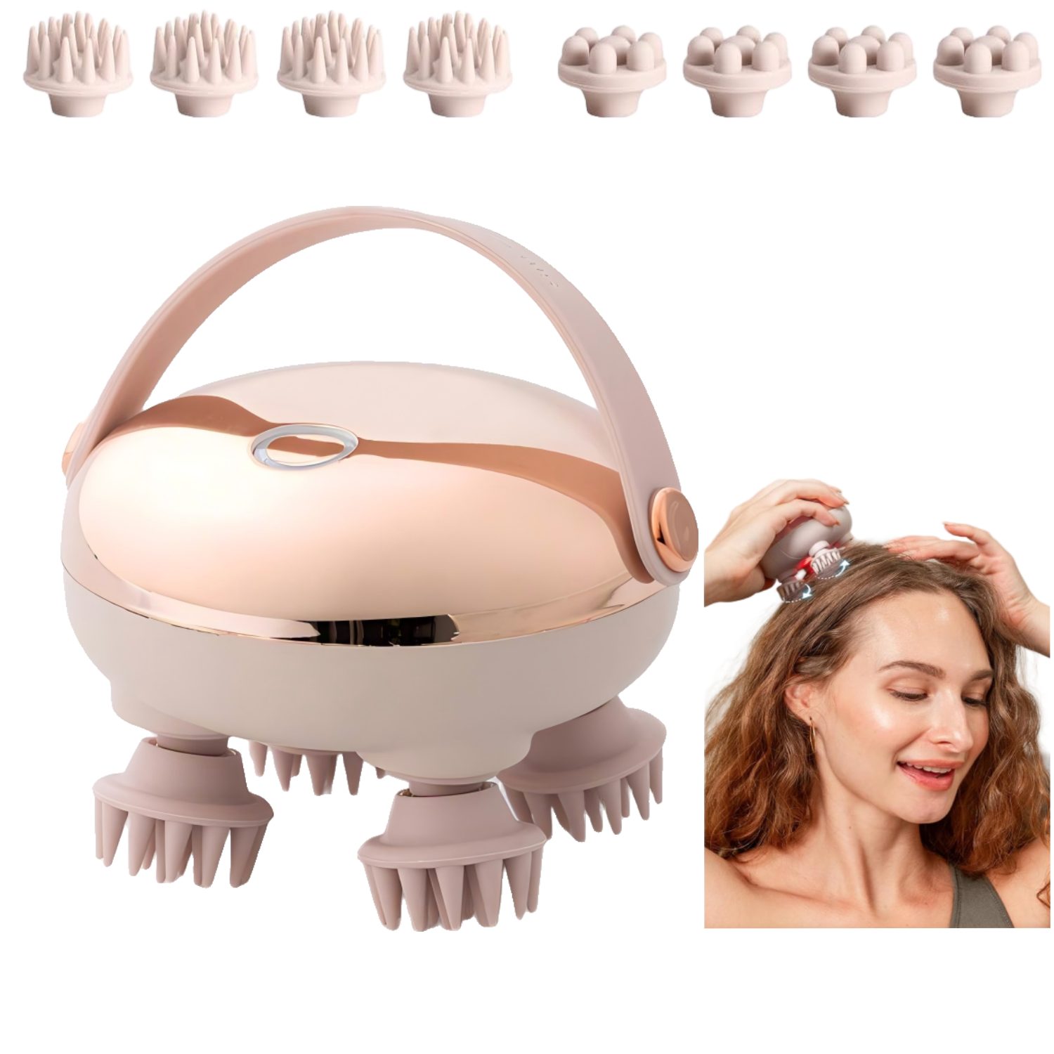 Forrlite Massagegerät elektrisches Kopfmassagegerät,handliches Kopfmassagegerät,2 modi, Rotes Lichtpflege,mit 8 Massageköpfen,IPX6,Geschenk, Scalp Massager,Anti-Stress-Massage, Silikon-Massageaufsätze,Golden
