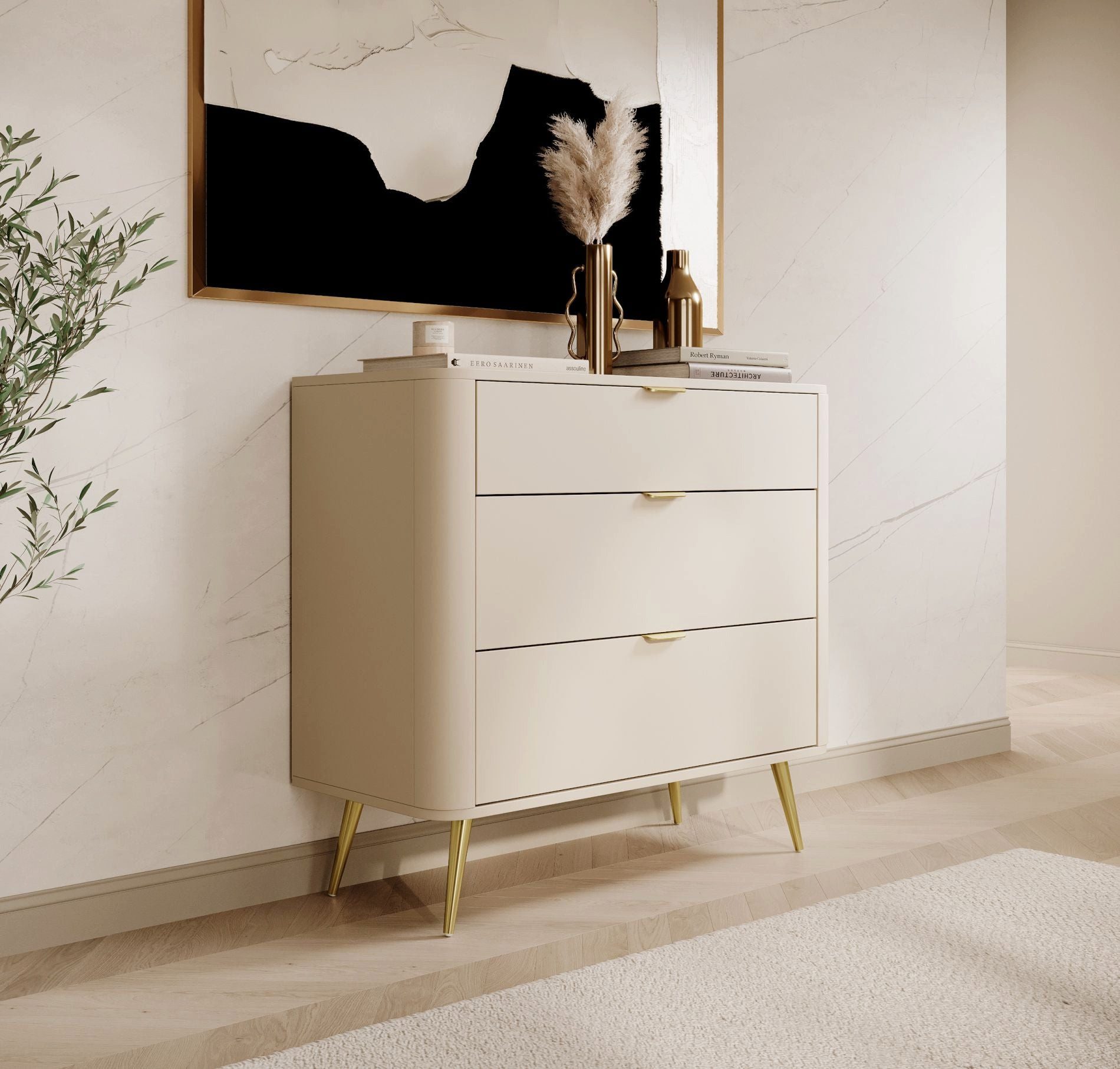 Selsey Kommode OVAL, mit 3 Schubladen, goldenen Füßen und Griffen, 92 cm