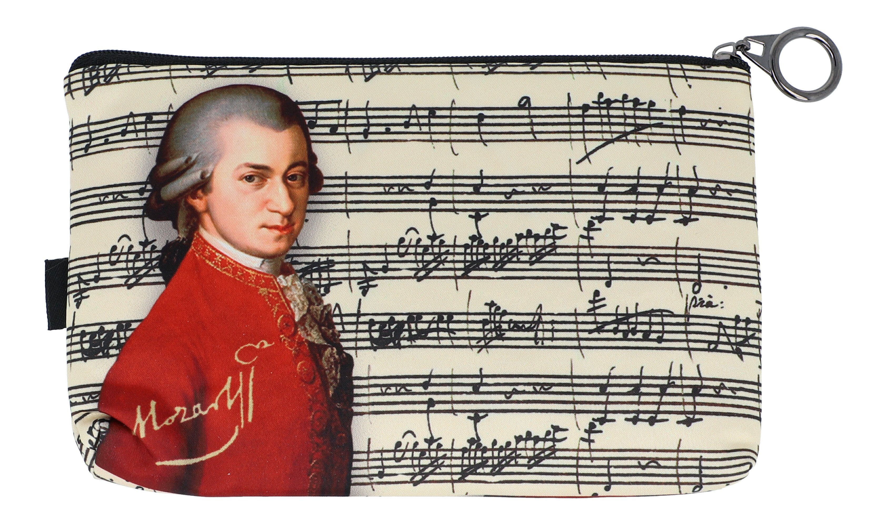 Fridolin Kosmetiktasche (1-tlg), Komponisten-Motiv Wolfgang Amadeus Mozart und Notenlinien rot/weiß