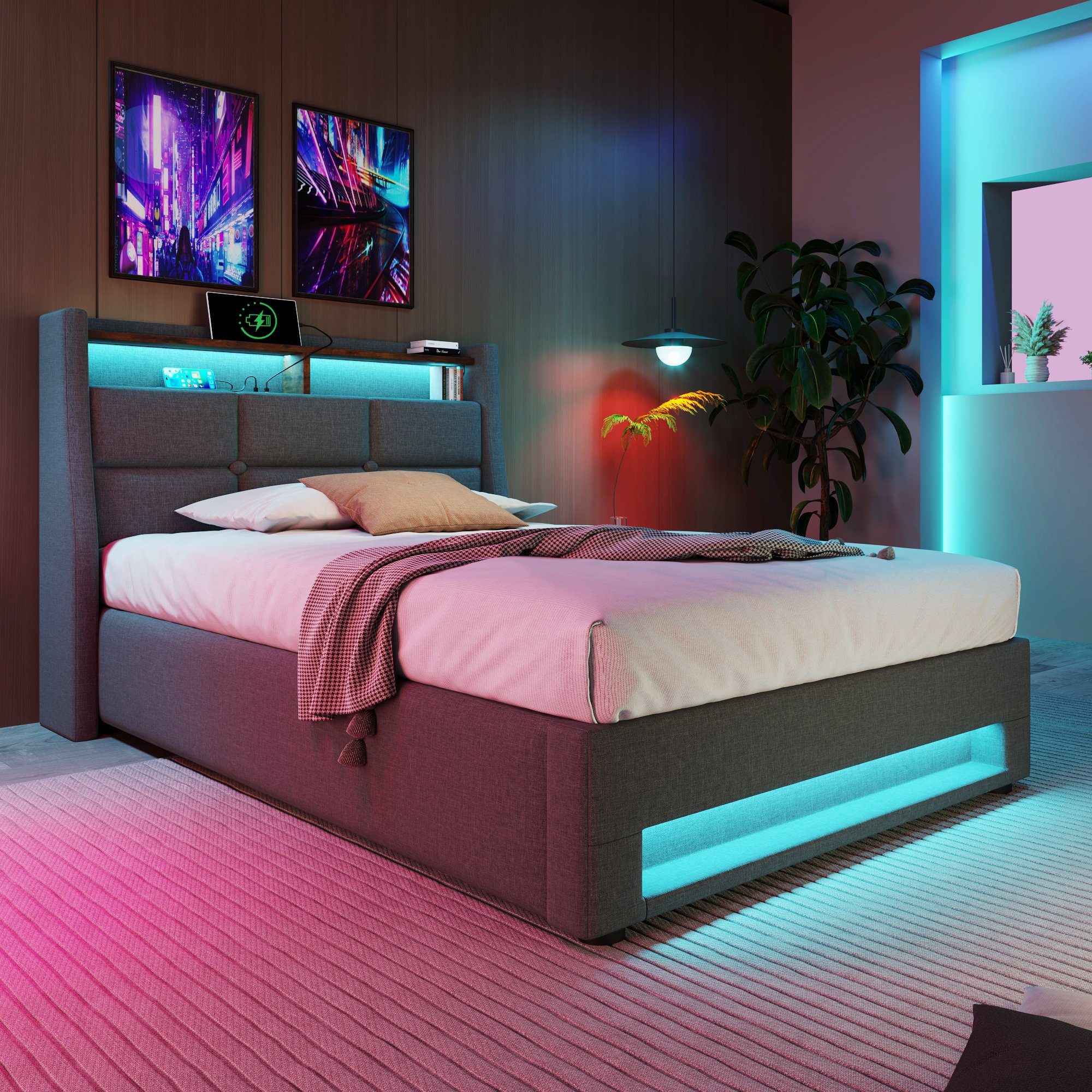 OKWISH Polsterbett Bett (LED Einzelbett mit günstig online kaufen