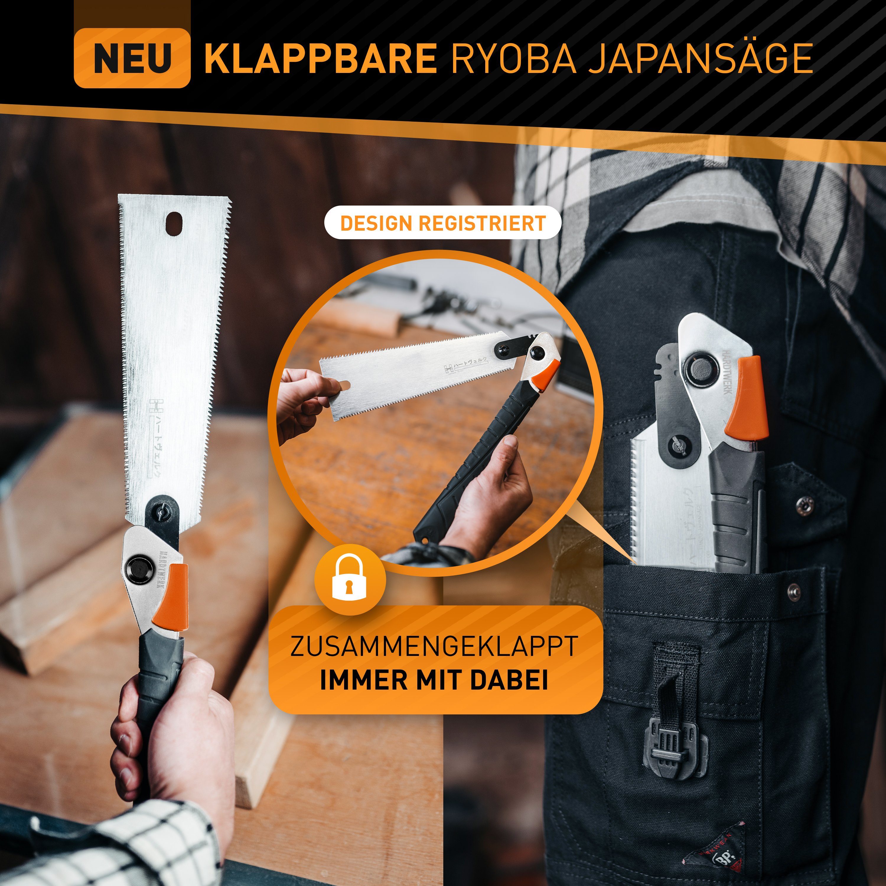 Hardtwerk® Japansäge Hanzo (SUPER-GRIP Feinsäge - & Heimwerker klappbar doppelseitig aus Säge Karbonstahl, japanische - Griff) für 240mm SK4
