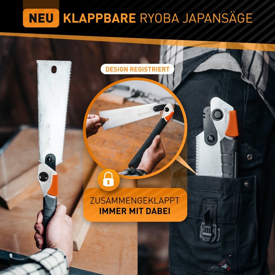 Hardtwerk® Japansäge Hanzo klappbar & doppelseitig 240mm aus SK4  Karbonstahl, (SUPER-GRIP Griff) für Heimwerker - japanische Säge - Feinsäge