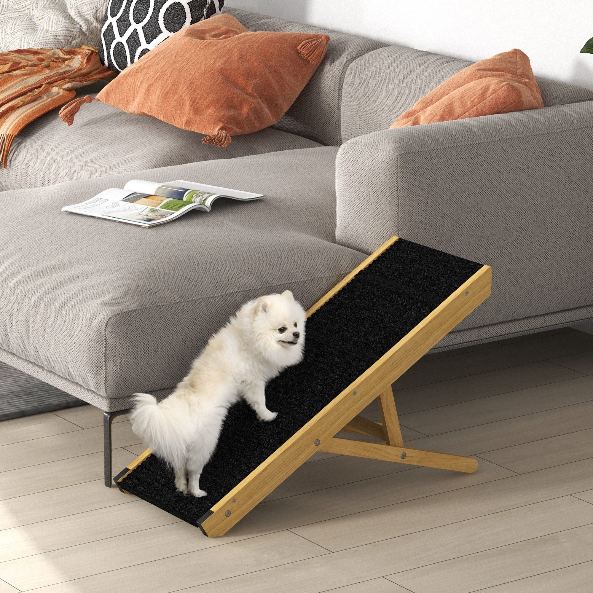 Thumbnail - PawHut Hunderampe 83,8 cm große Haustierrampe aus Holz für Bett und Couch (faltbare Hunderampe mit 4-stufiger Höhenverst...