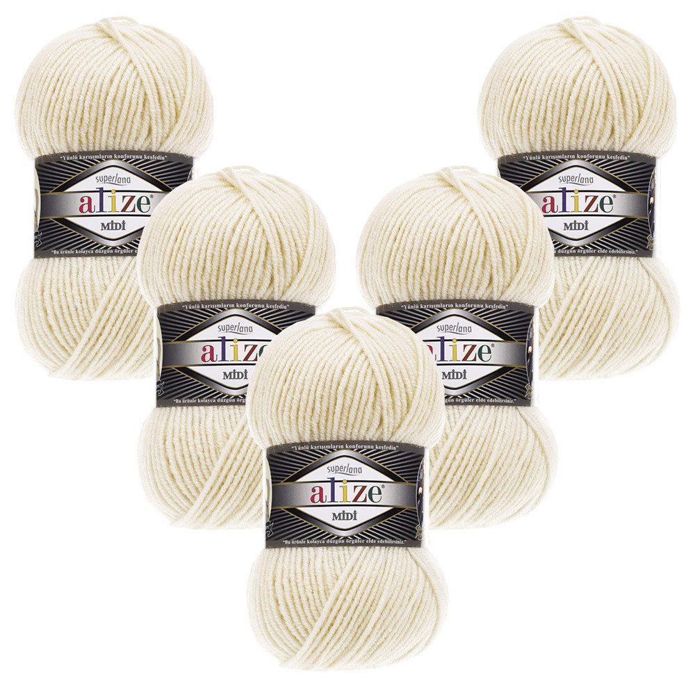 Alize 5 x ALIZE Superlana Midi 58 Navy Häkelwolle, 170 m, Yarn,Strickgarn,Handstrickgarn