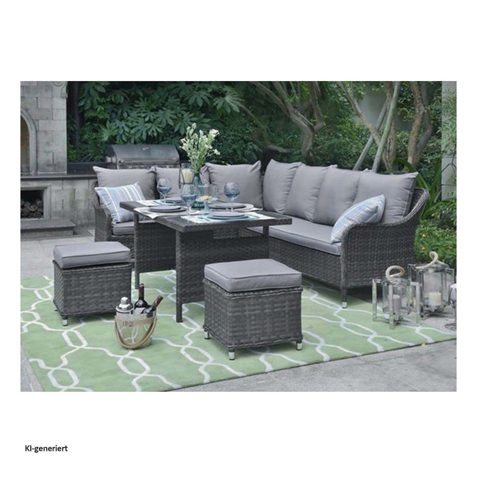 HTI-Living Garten-Essgruppe Outdoor Möbel Ecksofa mit Tisch und Hocker, (Set, 5-tlg., 1x Tisch, 2x Hocker, 2x 3-Sitzern, Inkl. Sitzkissen), Loungemöbel Gartenmöbel Garnitur