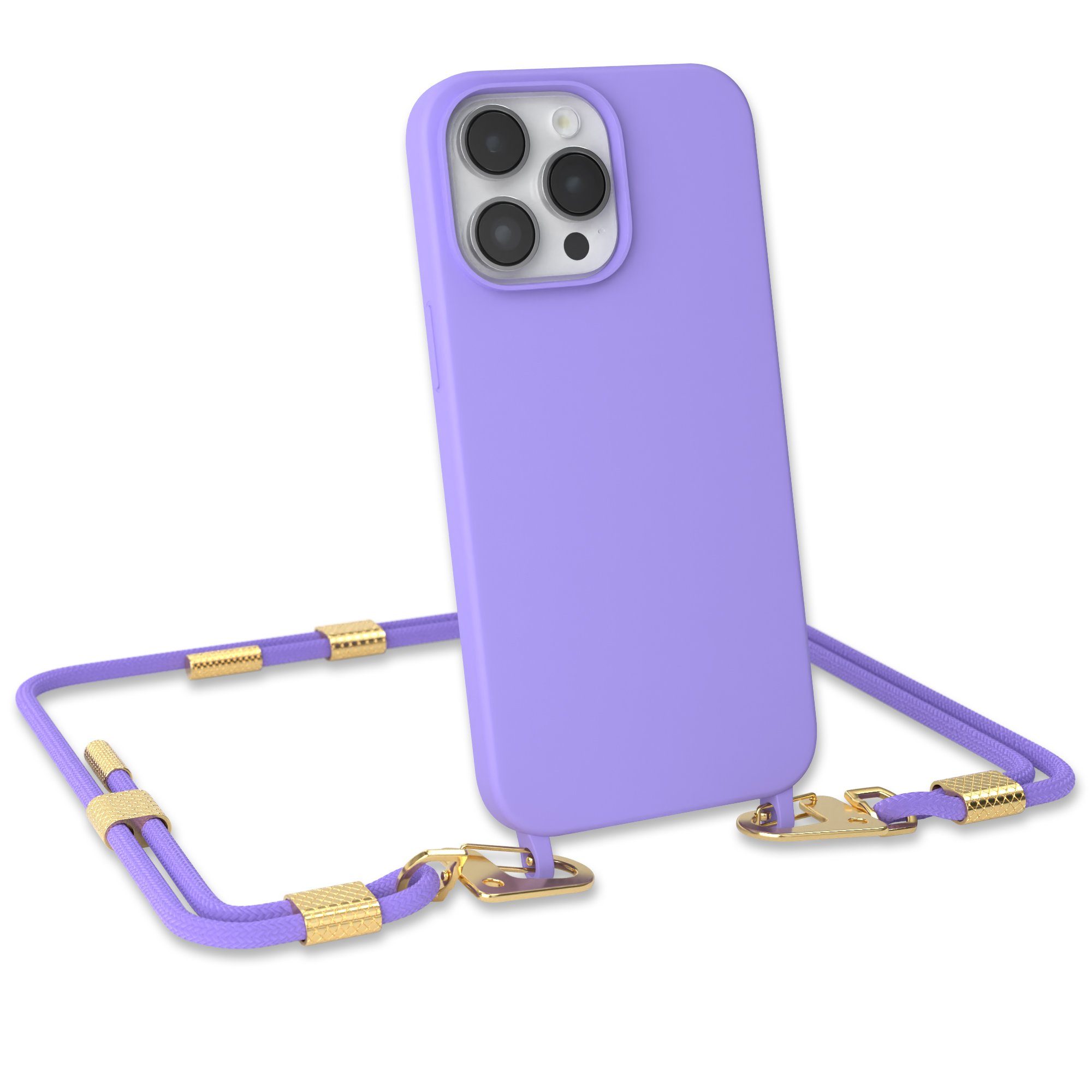 EAZY CASE Handykette Carabiner Chain für Apple iPhone 14 Pro Max 6,7 Zoll, Smartphonekette Cover Silikonhülle Umhängetasche Flieder Lila Gold