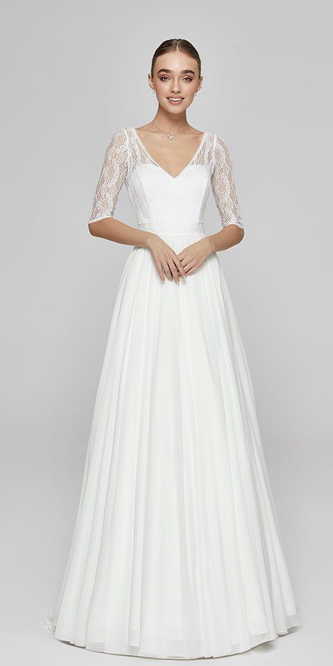 Bride Now! Brautkleid Brautkleit in A - Linie aus Spitze und Chiffon mit 3/4 Arm