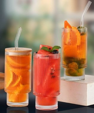 XDeer Gläser-Set [4 PACK, 350 ML] Gerippte Glasbecher mit Strohhalmen,Stapelbare, Stapelbare Glaswaren,Origami-Stil Glasbecher