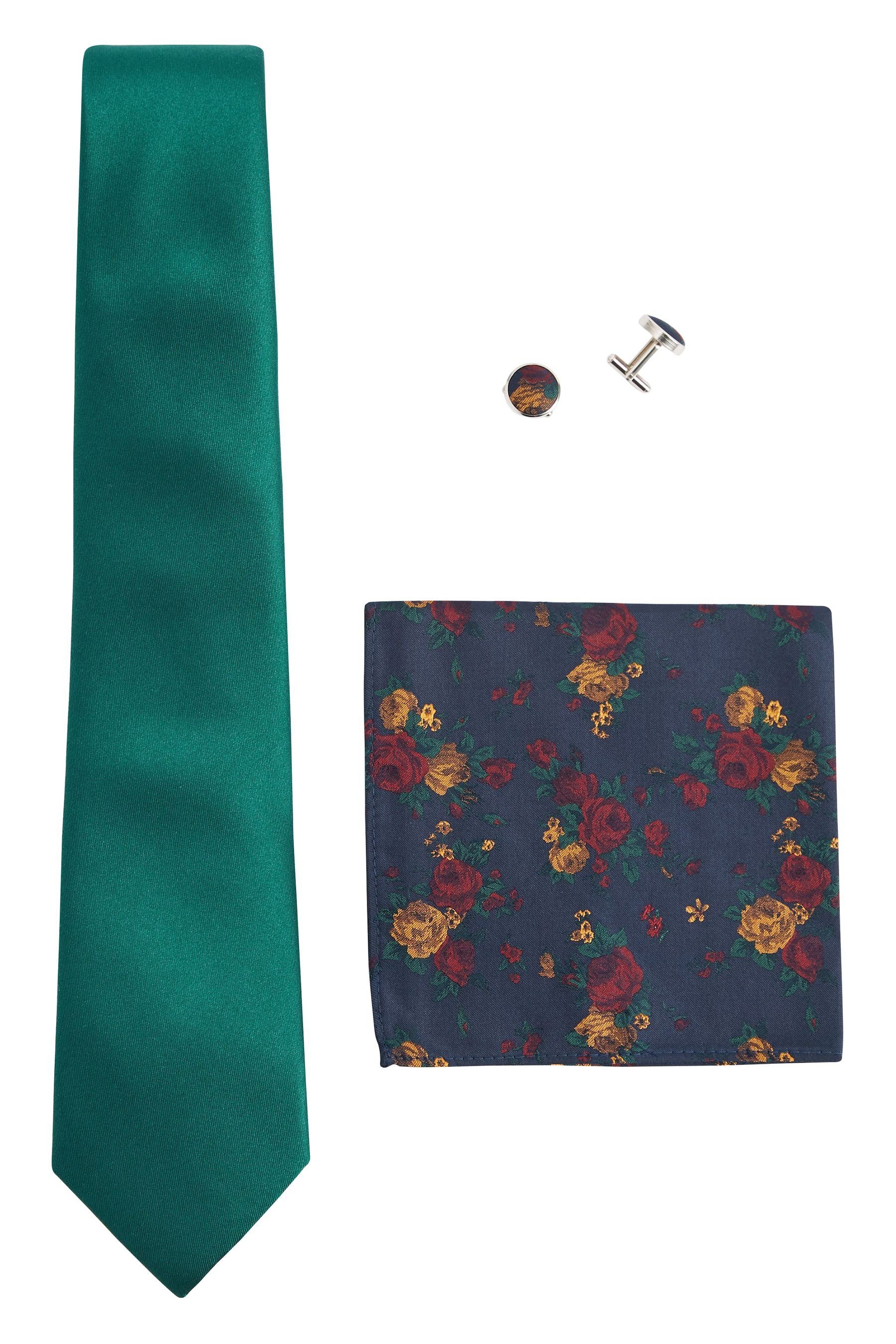 Einstecktuch Krawatte Krawatte, Next Green Forest (3-St) Manschettenknöpfe und