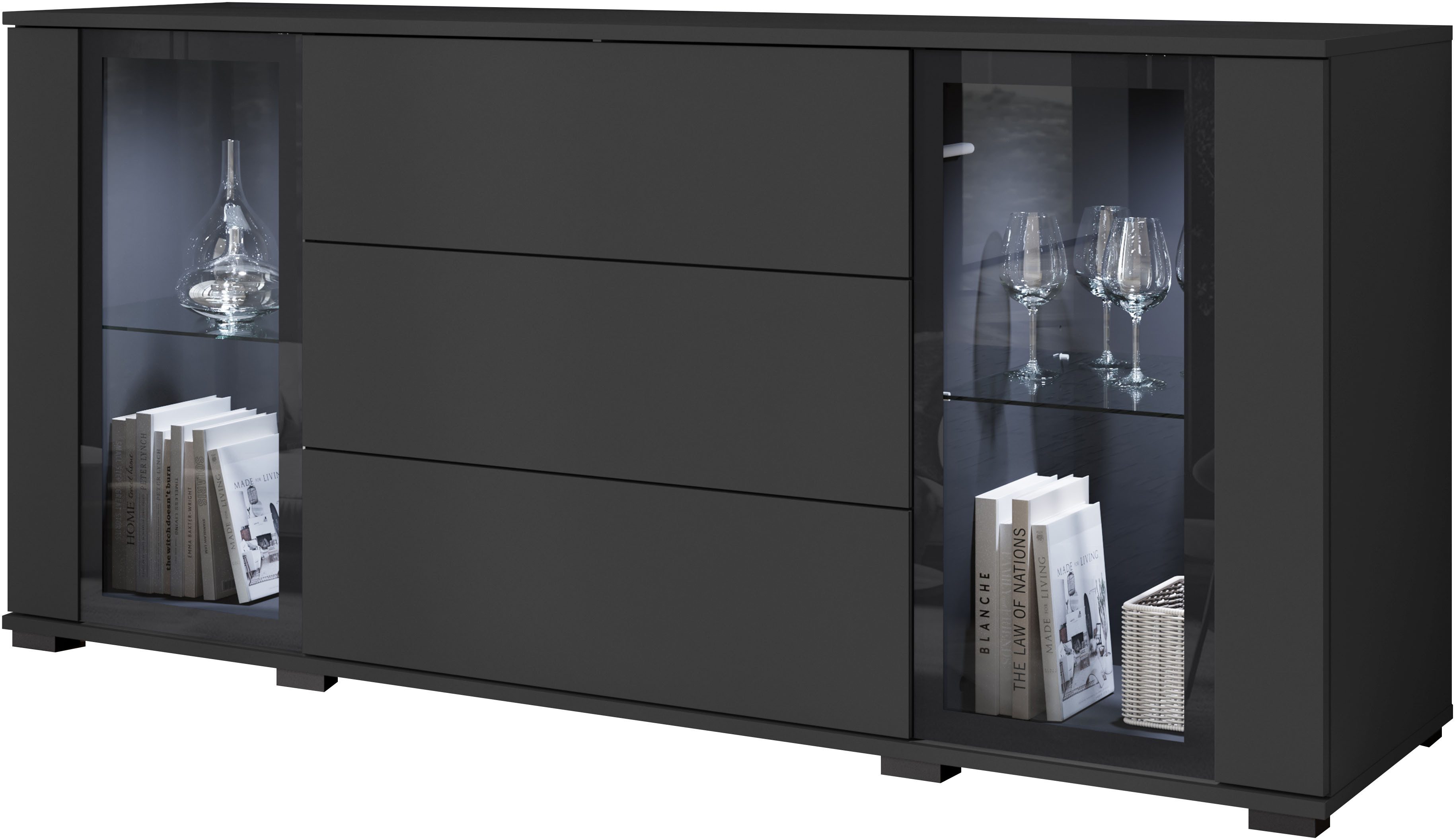 Home affaire Sideboard modernes Design mit Glaseinsätzen und 3 Schubladen, Breite 150 cm (1 St), Grifflose Fronten mit Push-to-Open, höhenverstellbare Einlegebö – Bild 2 von 5