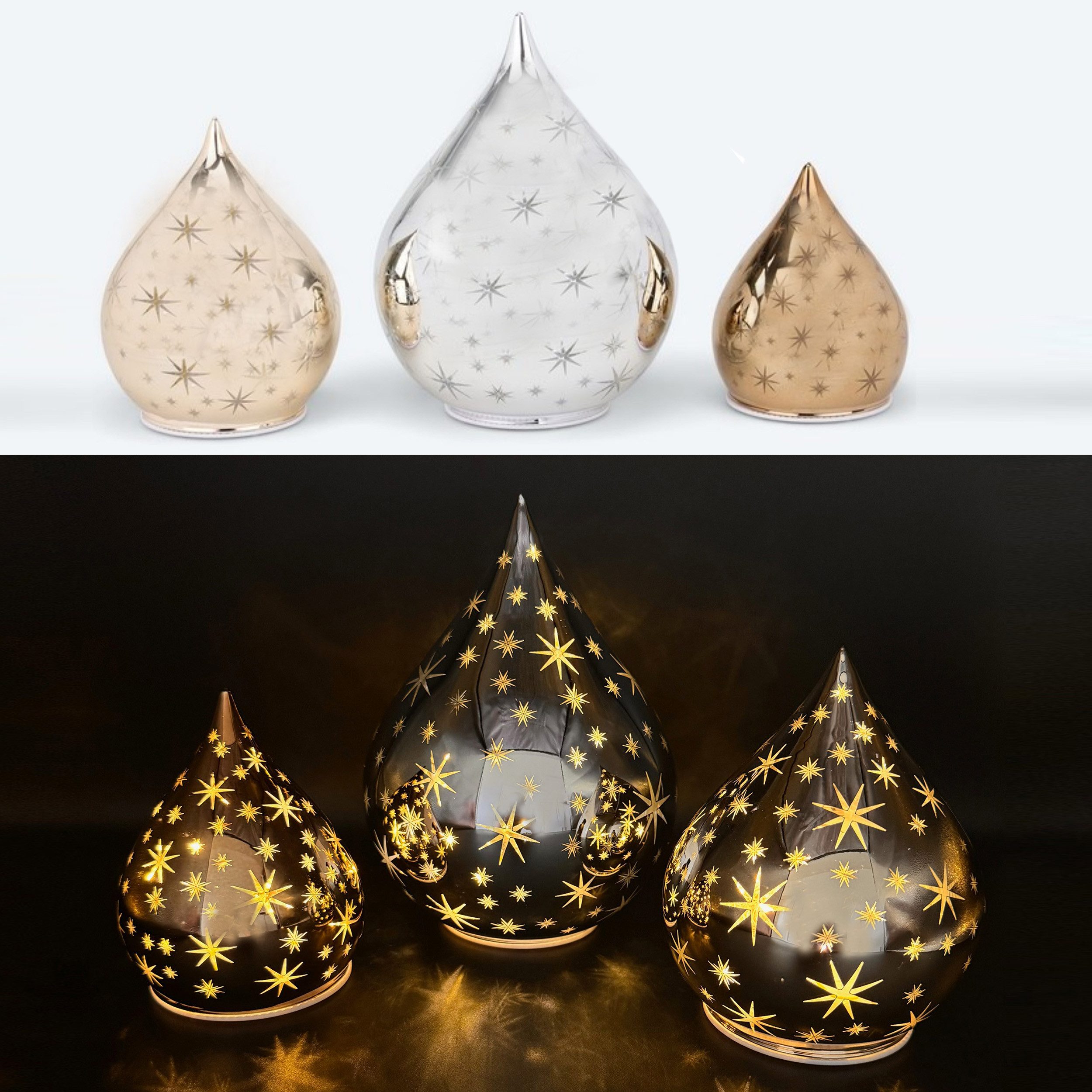 LED Dekoobjekt 3er Set Glastropfen mit LED Lichterkette, Leuchteffekten & Timer