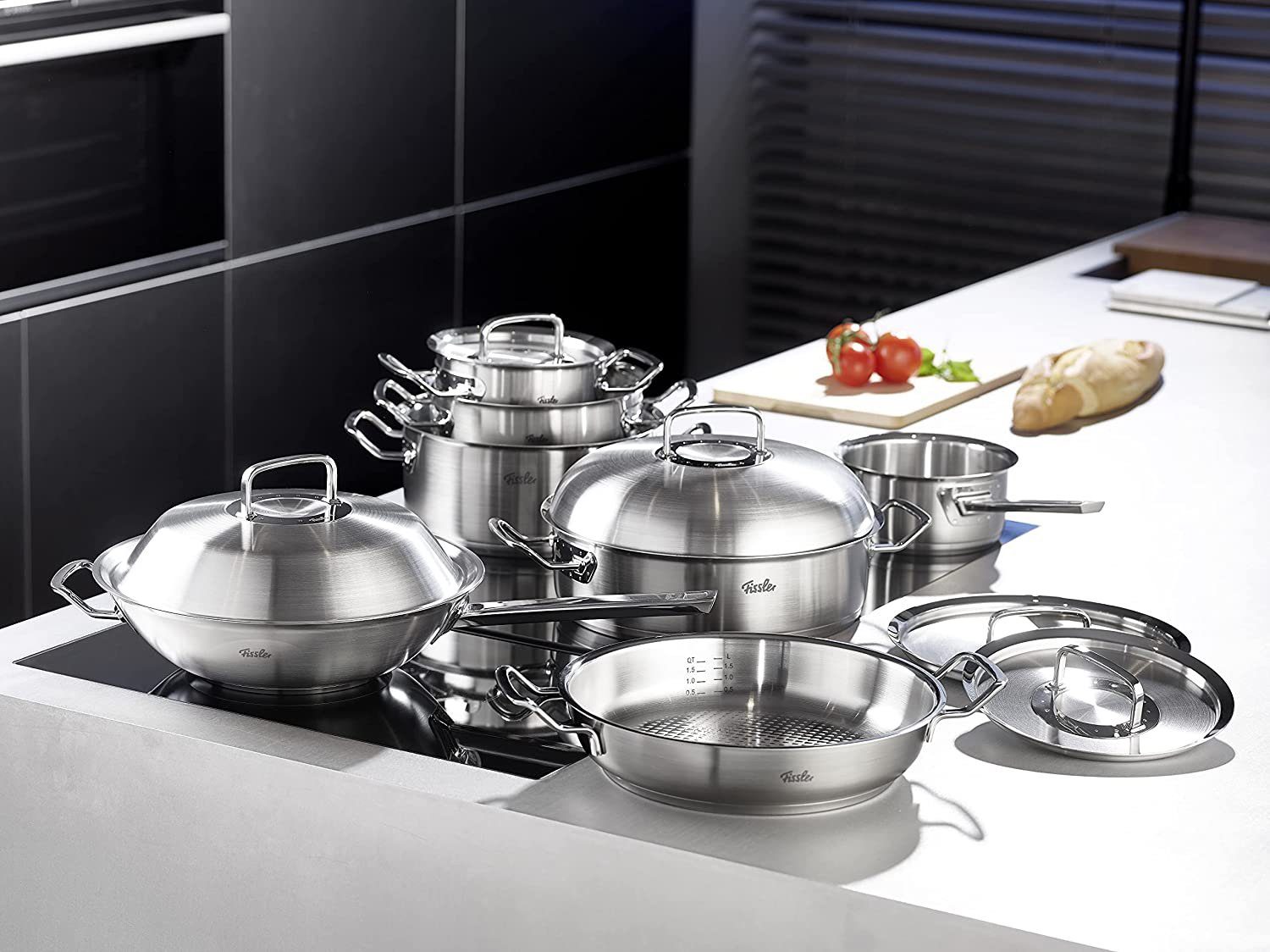 Fissler Topf-Set ORIGINAL-PROFI COLLECTION® Edelstahl-Topfset, Edelstahl 18/10 (4-tlg., 1x Kochtopf Ø 20 cm, 1x Stielkasserolle Ø 16 cm, 1x Pfanne Ø 24 cm), mit breitem Schüttrand, Kaltmetallgriffen. Made in Germany